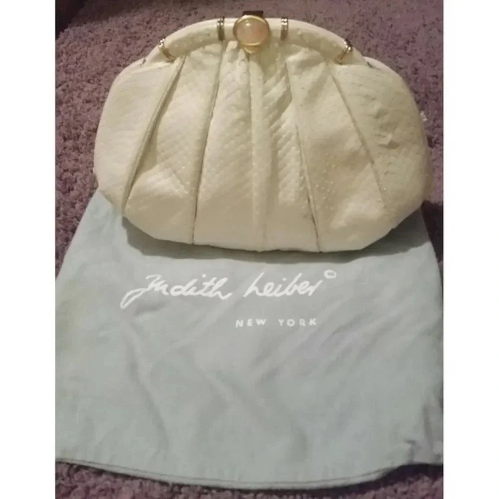VTG Judith Leiber Snakeskin White Handbag with Pink Agate Grannycore Orig Box